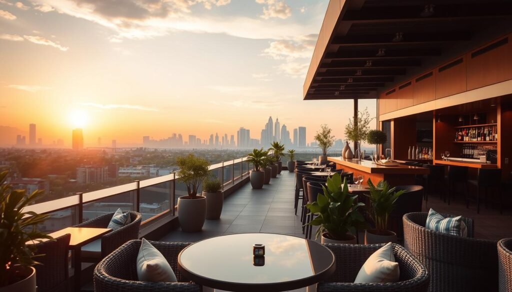 A breathtaking rooftop setting, bathed in the warm glow of the setting sun. In the foreground, a cozy outdoor dining area with tasteful rattan furniture and plush cushions. The middle ground features an elegant bar area, with a sleek, minimalist design and a well-stocked bar. In the background, a panoramic view of the city skyline, with towering skyscrapers and lush greenery in the distance. The lighting is soft and romantic, creating a serene and inviting atmosphere. A gentle breeze rustles the lush potted plants scattered throughout the space, adding to the tranquil ambiance. The overall scene exudes a sense of sophistication and wonder, perfectly capturing the essence of a dining experience at the Hause Rooftop.