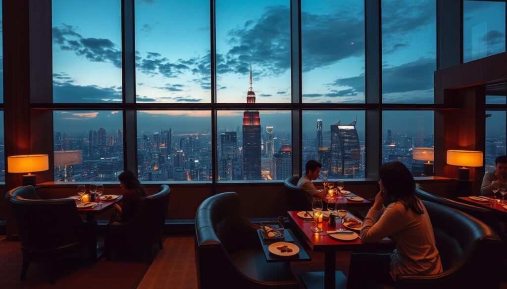 A fine dining panorama in Kota, the bustling heart of a vibrant city. A dimly lit, elegant restaurant interior with plush leather seating and polished wood accents. Large windows offer a breathtaking view of the cityscape, with skyscrapers and high-rise buildings illuminated against a dusky sky. Soft, warm lighting casts a cozy glow, complementing the sophisticated ambiance. Patrons enjoy an exquisite multi-course meal, savoring each bite while taking in the stunning urban landscape. A scene of refined indulgence and refined metropolitan charm.