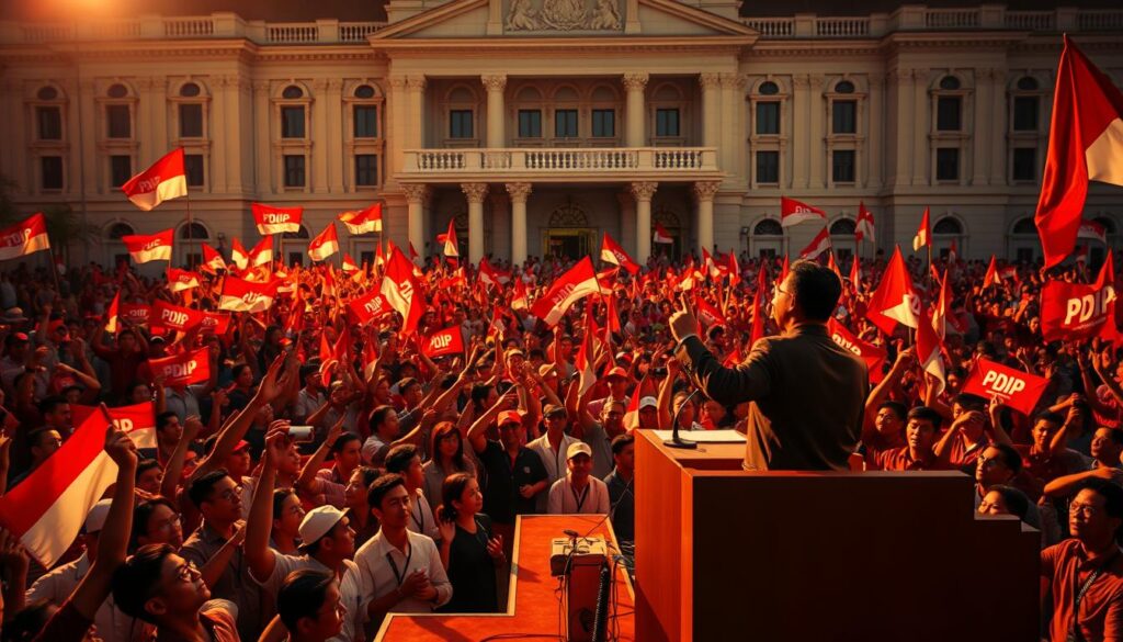 A vibrant political rally of the Indonesian Democratic Party of Struggle (PDIP), with a sea of supporters waving party flags and banners against a backdrop of a grand, ornate building. In the foreground, a charismatic leader stands at a podium, gesturing passionately as they address the enthusiastic crowd. The lighting is warm and dramatic, casting dramatic shadows that convey a sense of energy and momentum. The scene exudes a palpable atmosphere of political engagement, unity, and unwavering support for the party's policies and vision.