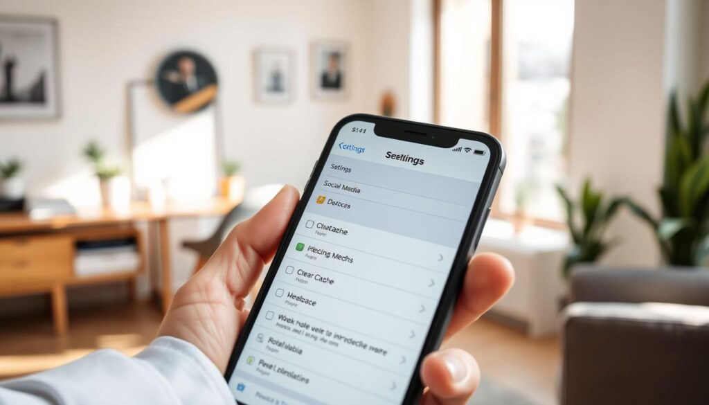 A close-up view of an iPhone displaying the settings menu for social media applications, highlighting the "Clear Cache" option. The foreground features the phone held by a hand in a professional attire, suggesting a focused individual. The middle includes a soft-focus background of a cozy home office with a stylish desk and plants, creating a calming atmosphere. Natural light floods the scene through a nearby window, casting gentle shadows that enhance the depth. Use a shallow depth of field to emphasize the iPhone screen, making it the focal point. The overall mood is productive and organized, reflecting a modern tech-savvy lifestyle.