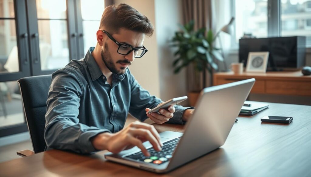 A focused scene depicting a tech-savvy individual in a modern home office, seated at a desk while troubleshooting an iPhone on their laptop. The foreground features the person, dressed in professional, casual attire, examining the iPhone's screen with a look of concentration. In the middle, a laptop displays a troubleshooting guide, and several app icons are visible on the iPhone screen. The background shows a stylish office setup with soft, natural lighting filtering through a window, casting a warm glow over the scene. A plant and some tech gadgets are placed on the desk, conveying a sense of productivity and innovation. The overall mood is one of determination and focus, illustrating the steps taken to resolve common issues after clearing cache on an iPhone.