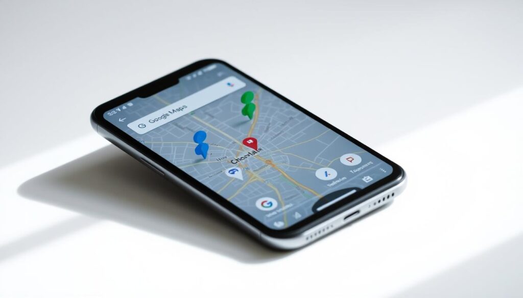 A high-resolution image of a smartphone's screen displaying the Google Maps application in offline mode, with a visually striking and intuitive user interface. The screen shows a detailed map of a city, with clear road networks, landmarks, and location markers. The background is a clean, minimalist design with a subtle gradient, creating a sense of depth and focus on the central map display. The lighting is soft and natural, giving the image a calm and professional atmosphere. The camera angle is slightly elevated, providing a clear and unobstructed view of the smartphone screen. The overall composition and aesthetic evoke a sense of functionality, efficiency, and ease of use, aligning with the subject of the article.
