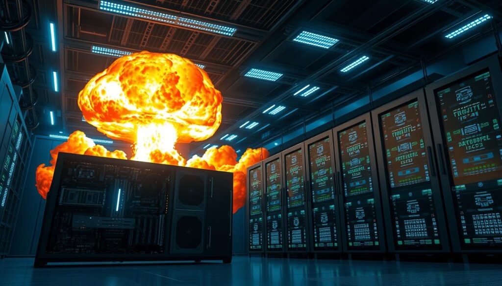 A high-tech visualization of a supercomputer, specifically the El Capitan, engaged in a nuclear explosion simulation. In the foreground, the sleek, modern supercomputer is shown with glowing lights and intricate circuitry. The middle ground features a digital representation of the simulated explosion, with vivid, swirling clouds of energy and debris, rendered in bright oranges and yellows, capturing the chaos of a nuclear event. The background consists of a darkened server room filled with rows of similar computer systems, bathed in a bluish hue from LED lighting, creating a cool ambiance. The atmosphere is tense and dramatic, showcasing the immense processing power required for such complex simulations, with an emphasis on detail and realism. High angle view to capture the grandeur and technology involved.