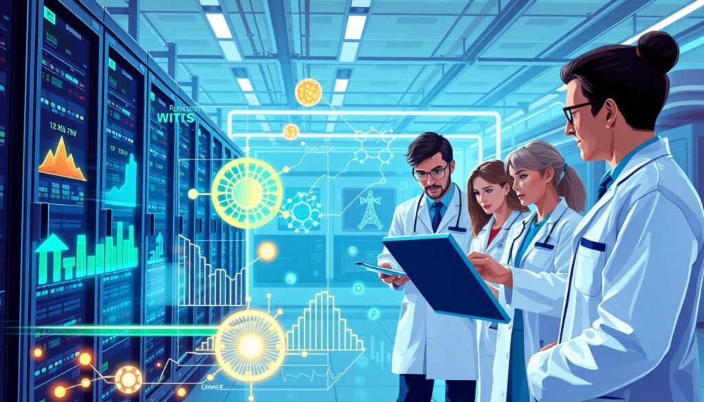 A vibrant illustration showcasing the intersection of energy and health research. In the foreground, a diverse group of scientists, dressed in professional lab coats, collaborates around a high-tech supercomputer, analyzing data visuals that depict renewable energy sources like solar and wind. The middle ground features intricate, glowing graphs and holographic models of molecules, symbolizing advancements in health and energy efficiency. In the background, a futuristic lab environment is filled with advanced machinery, soft blue and green lighting creates a high-tech atmosphere, emphasizing innovation and collaboration. The overall mood is one of optimism and progress, highlighting the positive impacts of supercomputing in energy and healthcare solutions.