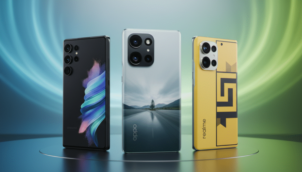 A visually striking composition showcasing three smartphones from leading brands: Samsung, OPPO, and realme, prominently displayed in the foreground. The Samsung phone, with its sleek design and vibrant screen, is positioned to the left; the OPPO phone, known for its camera quality, is centered with an artistic blur effect on its edges; and the realme phone, featuring a bold color scheme, is on the right side. The background is softly illuminated with a gradient that merges futuristic shades of blue and green, evoking a modern and tech-savvy atmosphere. The lighting highlights the glossy finishes of the smartphones, casting subtle reflections on a minimalist surface, suggesting innovation and reliability. The image should inspire a sense of quality and sophistication without any text or distractions. A visually striking composition showcasing three smartphones from leading brands: Samsung, OPPO, and realme, prominently displayed in the foreground. The Samsung phone, with its sleek design and vibrant screen, is positioned to the left; the OPPO phone, known for its camera quality, is centered with an artistic blur effect on its edges; and the realme phone, featuring a bold color scheme, is on the right side. The background is softly illuminated with a gradient that merges futuristic shades of blue and green, evoking a modern and tech-savvy atmosphere. The lighting highlights the glossy finishes of the smartphones, casting subtle reflections on a minimalist surface, suggesting innovation and reliability. The image should inspire a sense of quality and sophistication without any text or distractions.