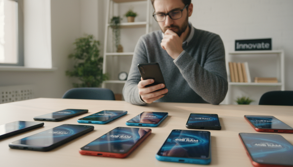 An arrangement of affordable smartphones featuring 4GB RAM, displayed neatly on a wooden table. The foreground shows a close-up of several smartphones with sleek designs, highlighting their screens and different colors like black, blue, and red. In the middle, a soft-focus view of a tech enthusiast examining a phone, dressed in a smart casual outfit, with a thoughtful expression. The background is a modern, minimalist office setting with ambient lighting that creates a warm, inviting atmosphere. Natural light streams in from a nearby window, adding soft shadows. Showcase the smartphones as practical options for modern consumers, embodying a blend of functionality and affordability. An arrangement of affordable smartphones featuring 4GB RAM, displayed neatly on a wooden table. The foreground shows a close-up of several smartphones with sleek designs, highlighting their screens and different colors like black, blue, and red. In the middle, a soft-focus view of a tech enthusiast examining a phone, dressed in a smart casual outfit, with a thoughtful expression. The background is a modern, minimalist office setting with ambient lighting that creates a warm, inviting atmosphere. Natural light streams in from a nearby window, adding soft shadows. Showcase the smartphones as practical options for modern consumers, embodying a blend of functionality and affordability.