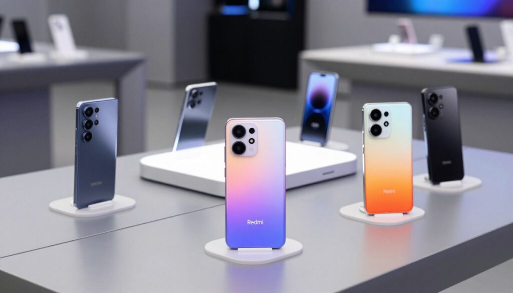 A collection of the top smartphones of 2026 arranged artistically on a sleek, modern table. In the foreground, showcase three standout models: a Samsung Galaxy, a Redmi, and an Infinix, each featuring their unique designs with vibrant colors and smooth finishes. The middle layer includes adjusted lighting that highlights the phones' features, casting a soft glow to evoke a sense of premium quality. In the background, blur hints of a contemporary tech store, filled with subtle gadget displays, creating an immersive atmosphere. Use a wide-angle lens to capture the entire scene, ensuring a clean, polished look without any text or distractions, conveying a mood of innovation and technology excitement. A collection of the top smartphones of 2026 arranged artistically on a sleek, modern table. In the foreground, showcase three standout models: a Samsung Galaxy, a Redmi, and an Infinix, each featuring their unique designs with vibrant colors and smooth finishes. The middle layer includes adjusted lighting that highlights the phones' features, casting a soft glow to evoke a sense of premium quality. In the background, blur hints of a contemporary tech store, filled with subtle gadget displays, creating an immersive atmosphere. Use a wide-angle lens to capture the entire scene, ensuring a clean, polished look without any text or distractions, conveying a mood of innovation and technology excitement.