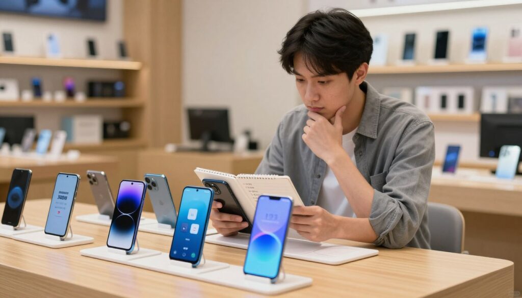 A split scene showcasing smartphone selection tips, emphasizing budget-oriented features. In the foreground, a variety of smartphones priced around 3 million IDR are displayed on a sleek, modern wooden table, each one showing vibrant screens with tech specifications. In the middle ground, a thoughtful young adult in business casual attire examines the phones, holding a notepad with checklist items like "battery life," "camera quality," and "performance." The background features a cozy tech shop with soft ambient lighting and shelving filled with various gadgets. The mood is informative yet inviting, conveying the idea of careful consideration in smartphone purchasing decisions. Use a shallow depth of field to focus on the subject while softly blurring the surroundings, enhancing the clarity of the phones. A split scene showcasing smartphone selection tips, emphasizing budget-oriented features. In the foreground, a variety of smartphones priced around 3 million IDR are displayed on a sleek, modern wooden table, each one showing vibrant screens with tech specifications. In the middle ground, a thoughtful young adult in business casual attire examines the phones, holding a notepad with checklist items like "battery life," "camera quality," and "performance." The background features a cozy tech shop with soft ambient lighting and shelving filled with various gadgets. The mood is informative yet inviting, conveying the idea of careful consideration in smartphone purchasing decisions. Use a shallow depth of field to focus on the subject while softly blurring the surroundings, enhancing the clarity of the phones.